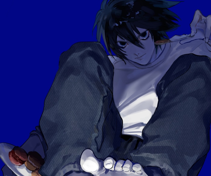 L from Death Note eating macarons