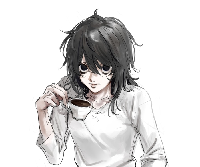 L from Death Note holding a cup of coffee