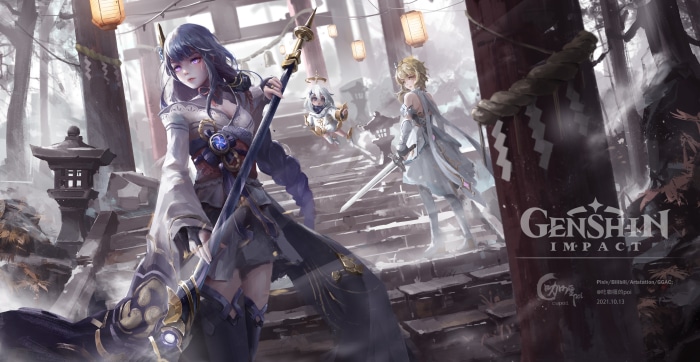 Raiden Shogun, Paimon, and Lumine from Genshin Impact 4K