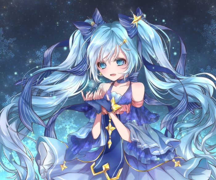 Hatsune Miku in a blue dress with snowflakes