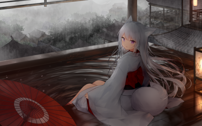 Anime girl with fox ears in kimono in the rain