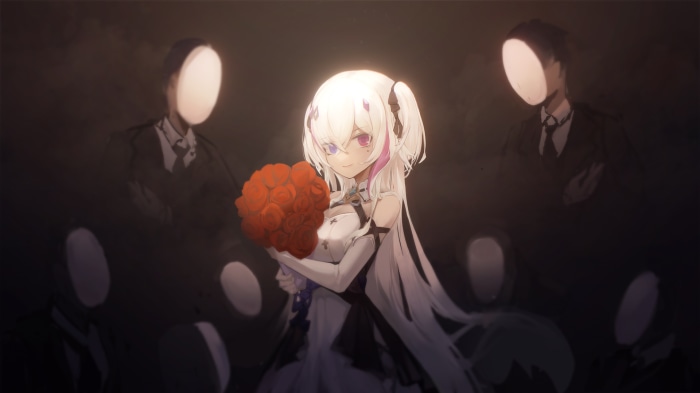 Girl with heterochromia holding roses surrounded by faceless figures