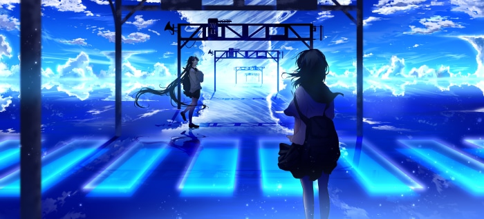Two girls on a futuristic platform under a blue sky