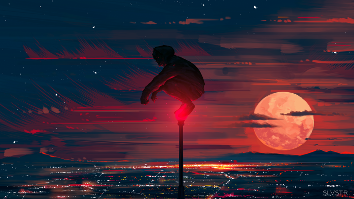 Silhouette of a person squatting on a pole overlooking a city at night with a large moon
