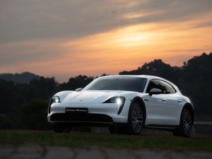 Porsche Taycan 4S Cross Turismo at sunset