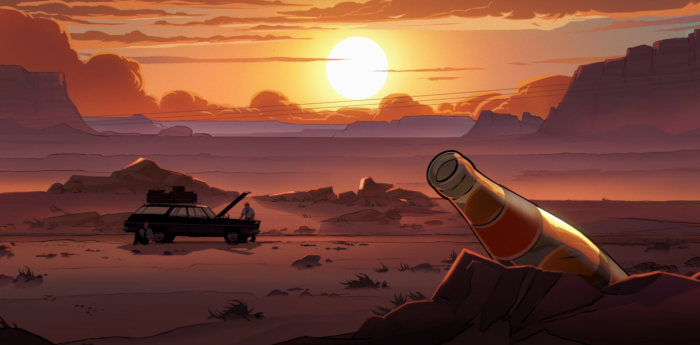 Love, Death & Robots desert sunset with car and bottle