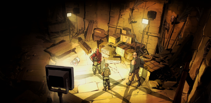 Three soldiers in a dimly lit storage room