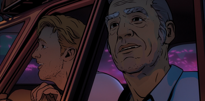 Two men in a car at dusk