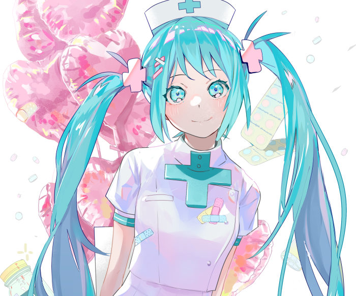 Hatsune Miku as a nurse with heart balloons and medicine
