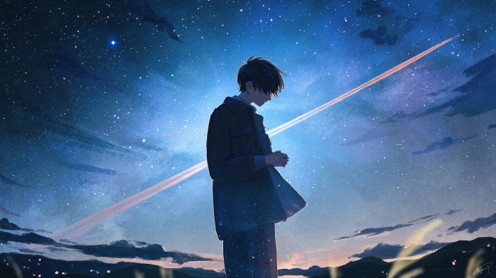 Boy looking down at night sky 4K
