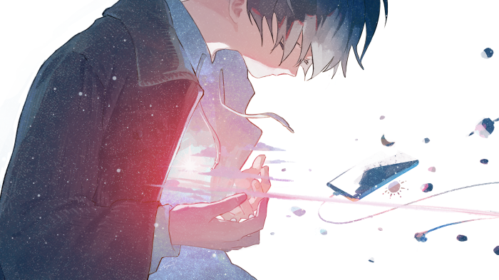 Boy with glowing heart and phone
