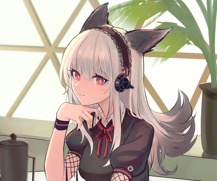 Frostleaf from Arknights with headphones