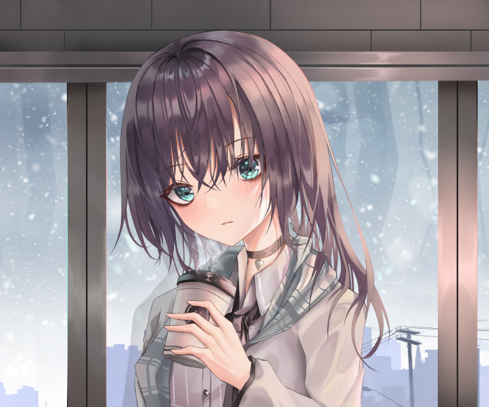 Anime girl with blue eyes holding a coffee cup