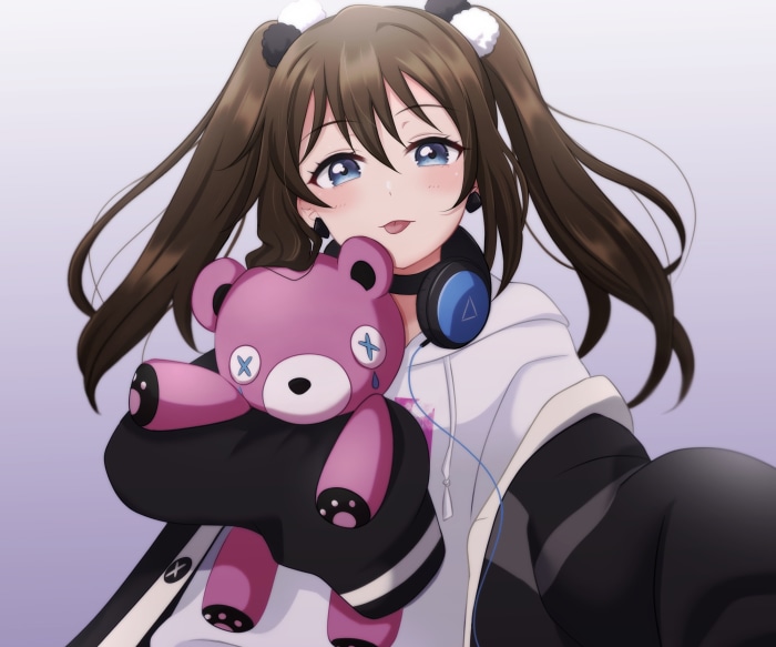 Shizuku Osaka from Love Live! Nijigasaki High School Idol Club holding a teddy bear