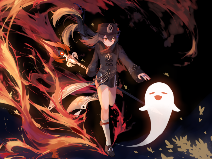 Hu Tao from Genshin Impact with a ghost companion