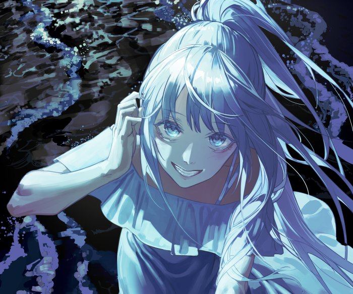 Girl with blue hair in dark water
