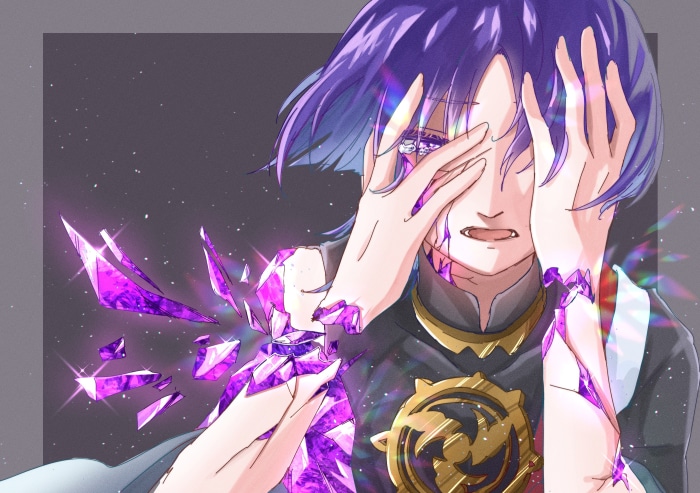 Scaramouche from Genshin Impact with shattering crystals
