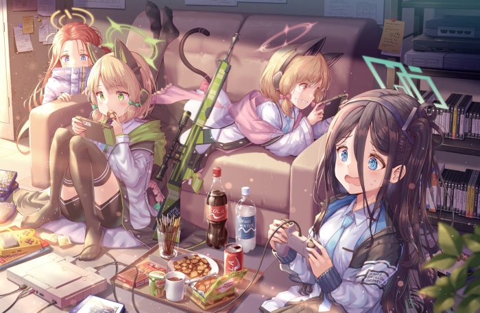 Blue Archive characters playing video games with snacks