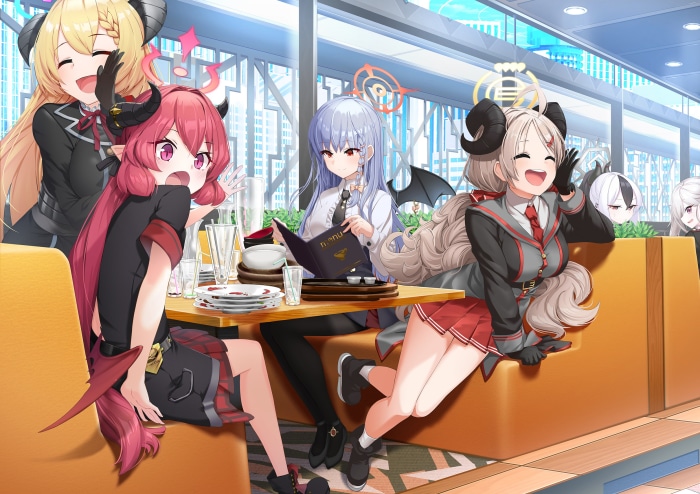 Blue Archive characters at a restaurant table