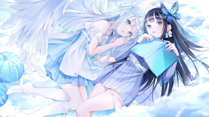 Aoi Nabi and Amatsuka Uto with wings and a book