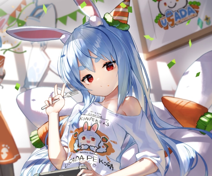 Usada Pekora from Hololive wearing a party hat