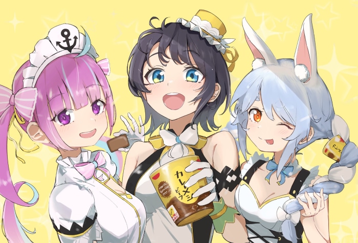 Minato Aqua, Usada Pekora, and Oozora Subaru from Hololive