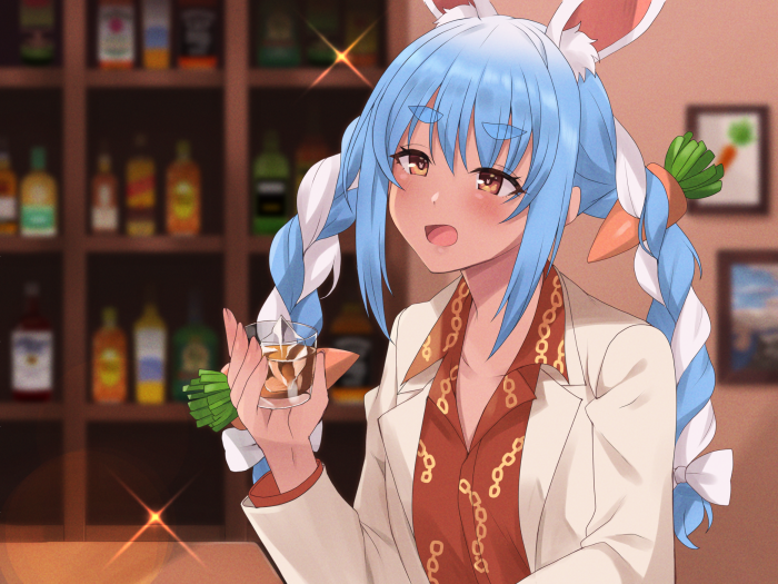 Usada Pekora from Hololive holding a drink