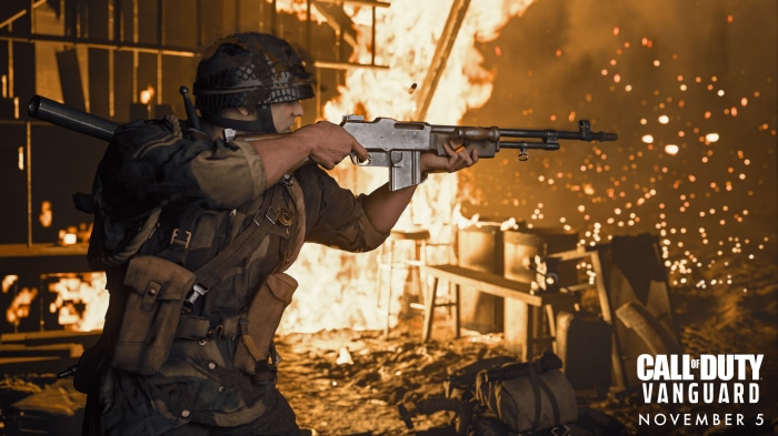 Call of Duty: Vanguard soldier firing rifle in fire