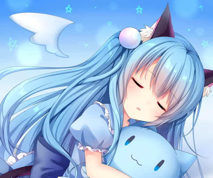 Nekoha Shizuku sleeping with a blue plush toy