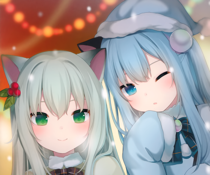 Two anime girls with cat ears in winter hats