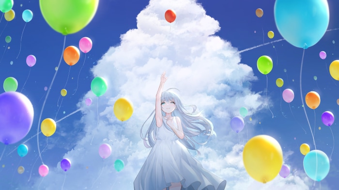 Girl reaching for balloons in the sky