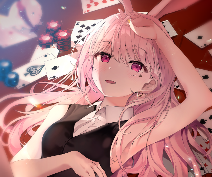 Anime girl with pink hair and bunny ears lying down with cards