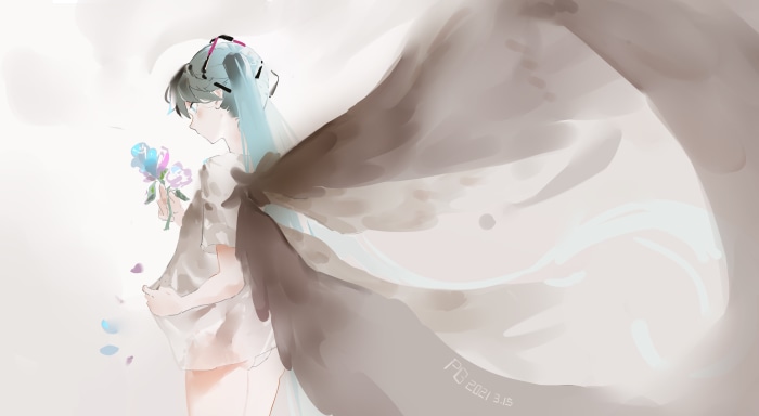 Hatsune Miku holding a blue rose