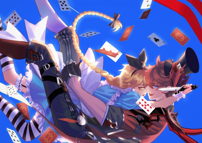 Aether and Tartaglia from Genshin Impact in Alice in Wonderland theme
