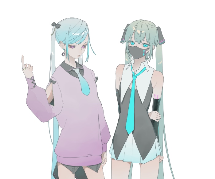 Two anime girls with blue hair, one wearing a mask