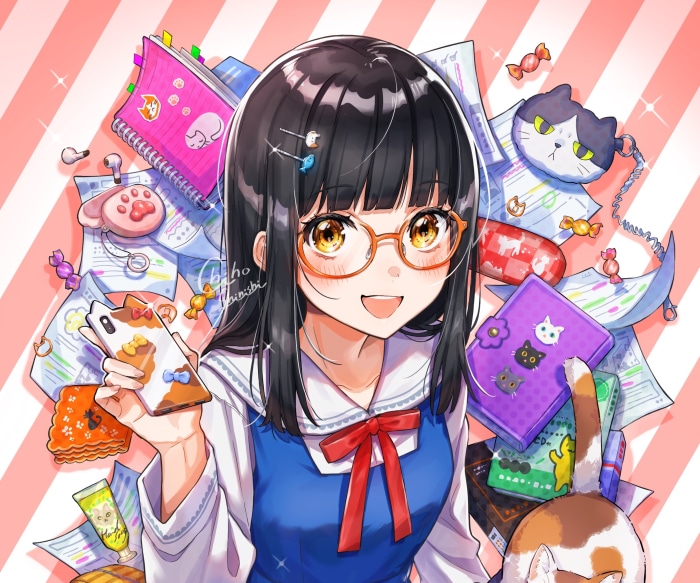 Girl with glasses and cat-themed items