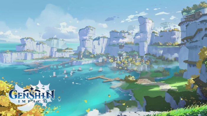 Genshin Impact landscape with boats and buildings