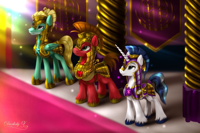Three armored ponies in a grand hall