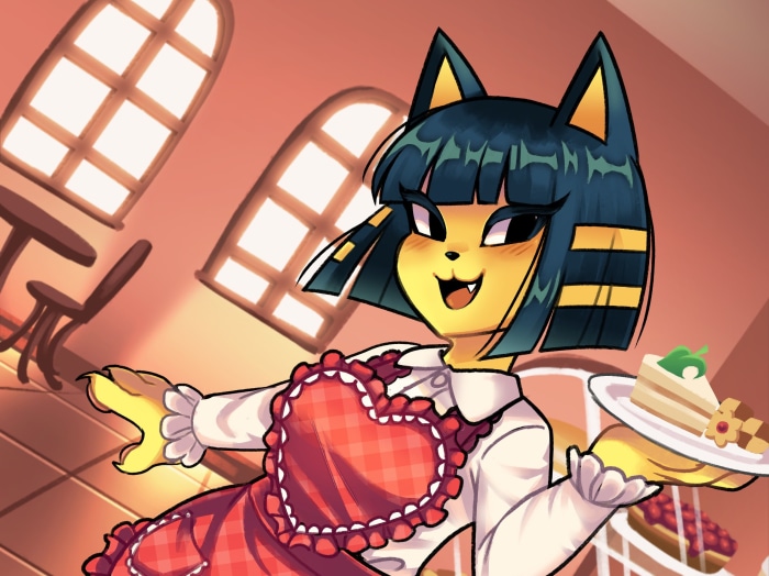 Ankha from Animal Crossing serving cake