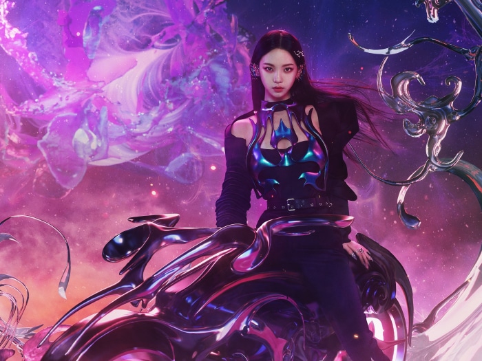 Karina from Aespa on a futuristic motorcycle