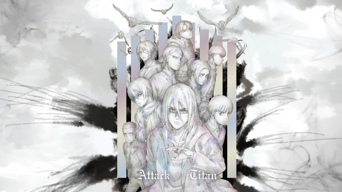 Attack on Titan characters with birds and smoke