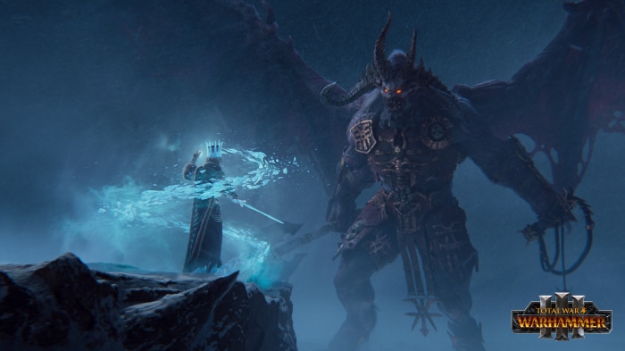 Khorne Lord of Skulls and a Sorcerer from Total War: Warhammer III