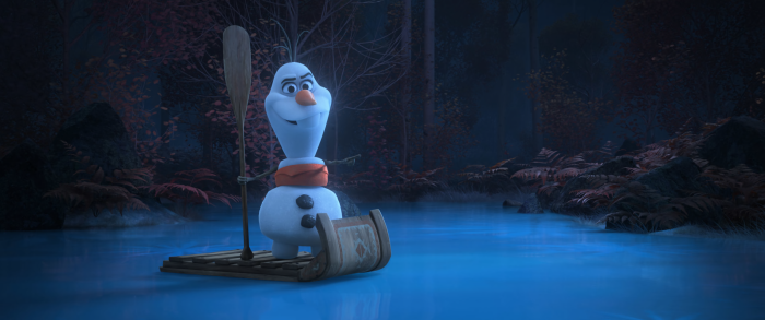 Olaf from Frozen on a raft in a forest lake