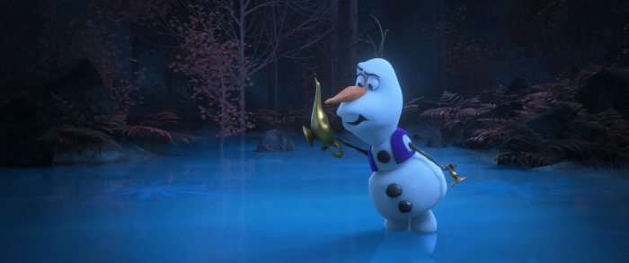 Olaf holding a golden lamp in a dark forest