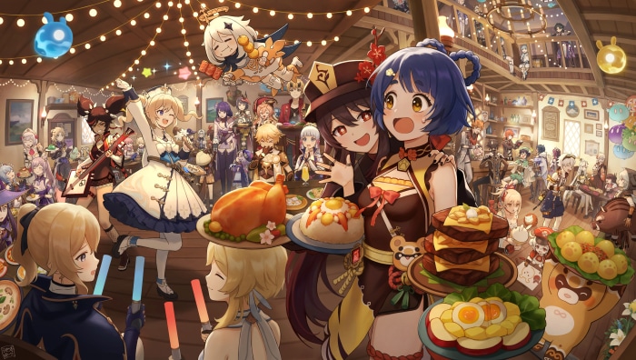 Genshin Impact characters at a feast