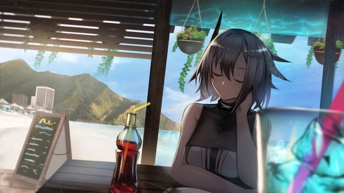 Greythroat from Arknights at a beach cafe
