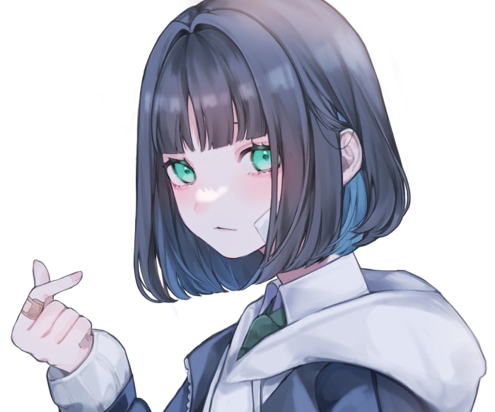 Anime girl with short dark hair and green eyes