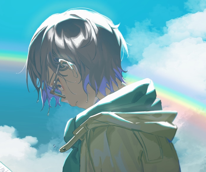 Boy with glasses and purple hair under a rainbow