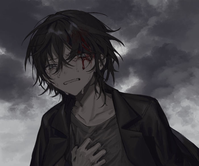 Boy crying with blood and tears
