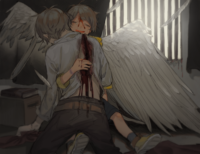 Angel holding injured boy